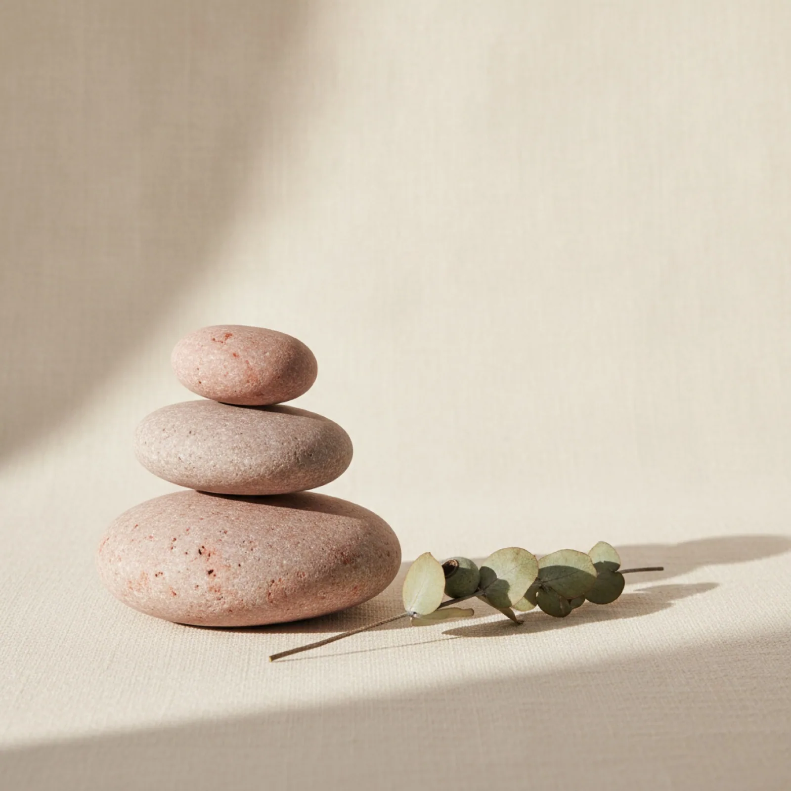 A calm cairn of stacked stones with dried eucalyptus on cream linen — stylized imagery