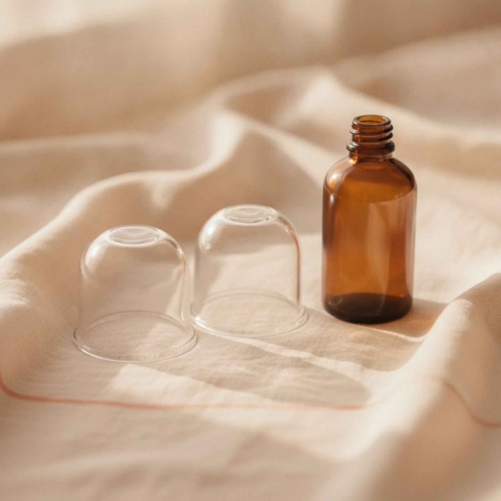 Glass cupping cups and an amber oil bottle on cream linen — stylized imagery