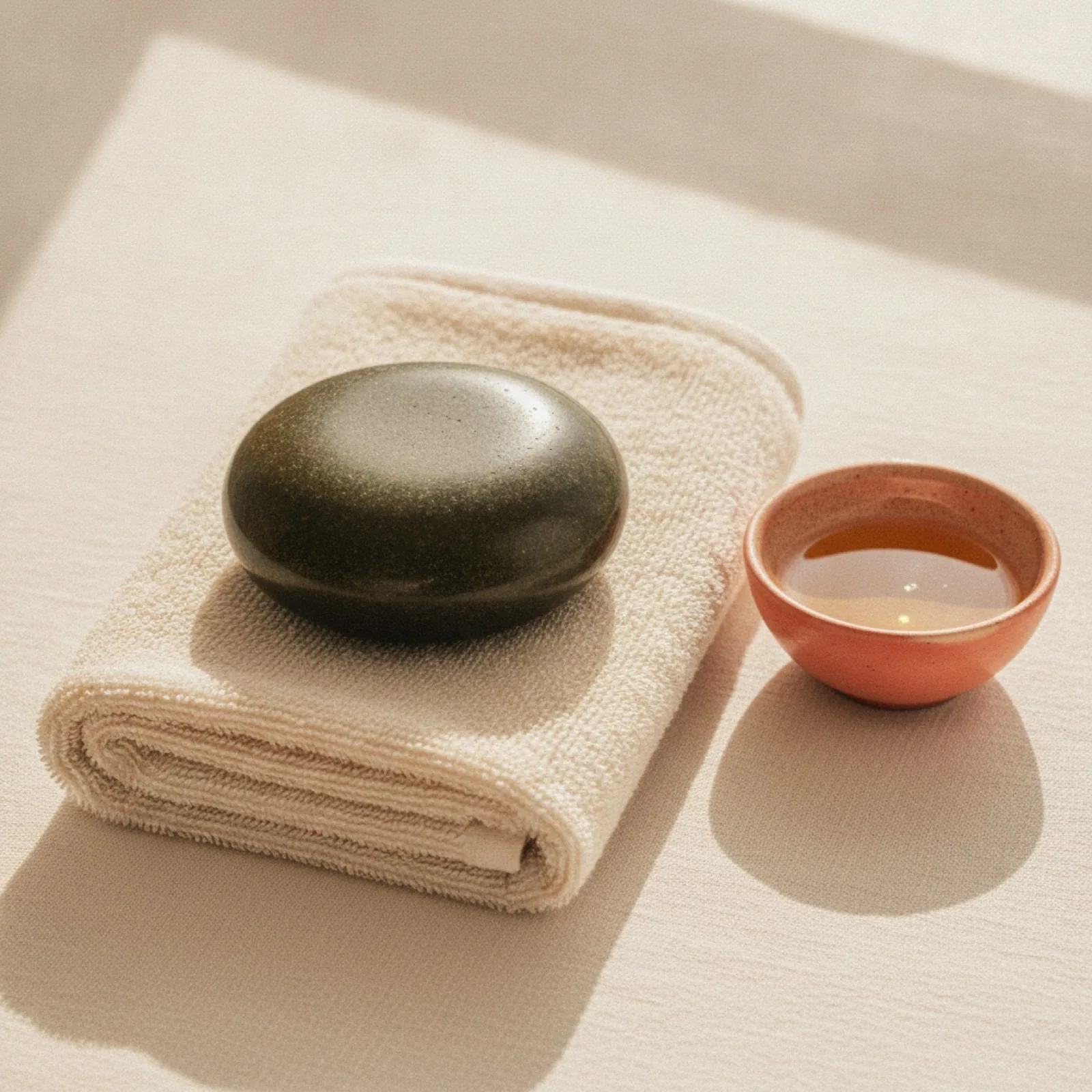 A warm basalt stone on a folded towel beside a dish of oil on cream linen — stylized imagery