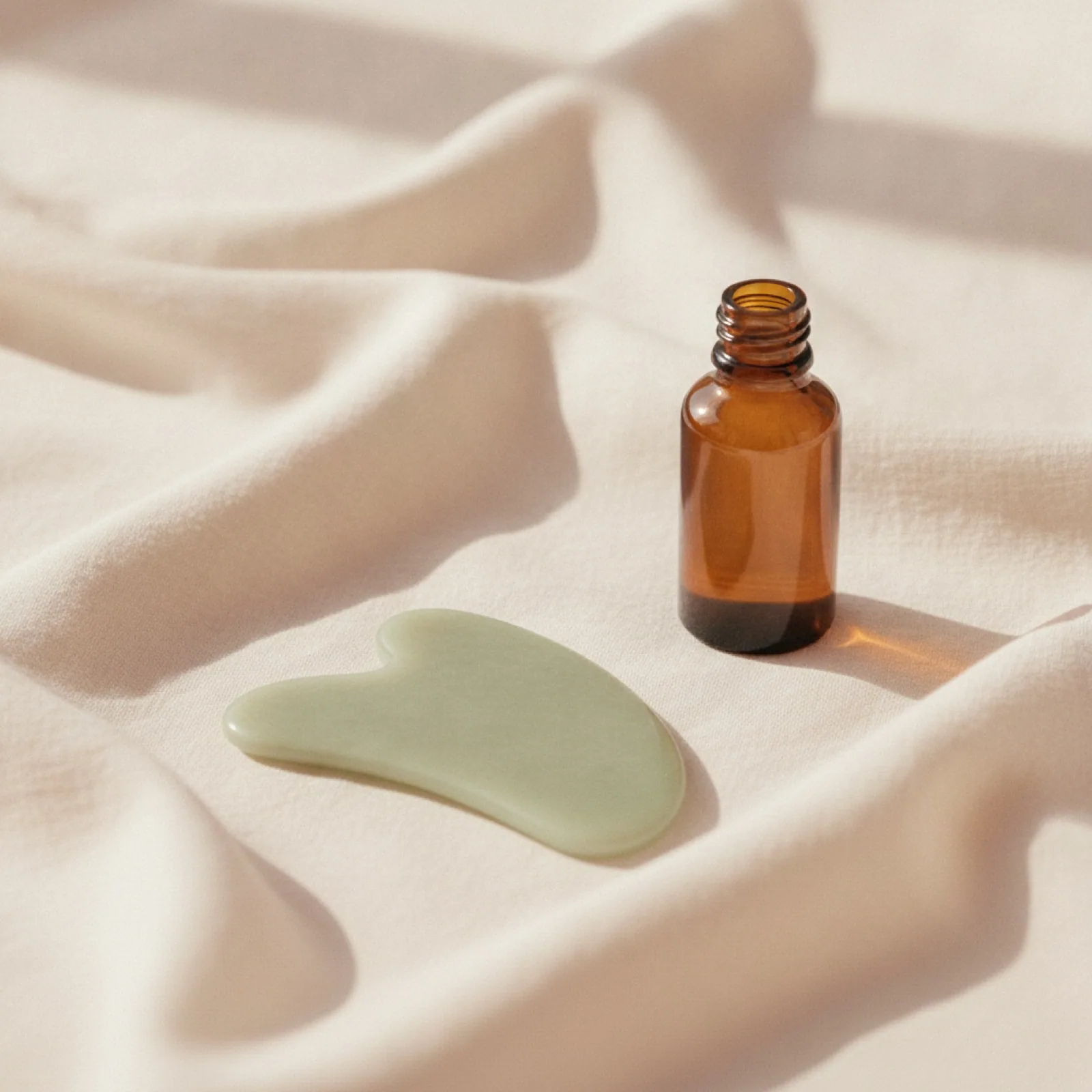 A jade gua sha tool and an amber oil bottle on cream linen — stylized imagery