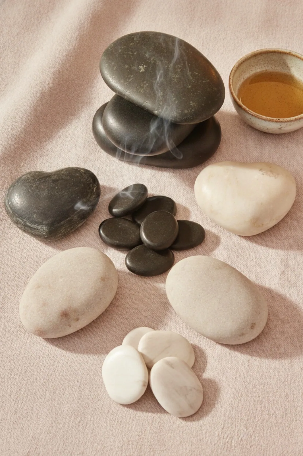 Warm basalt and cool marble massage stones on cream linen — stylized imagery
