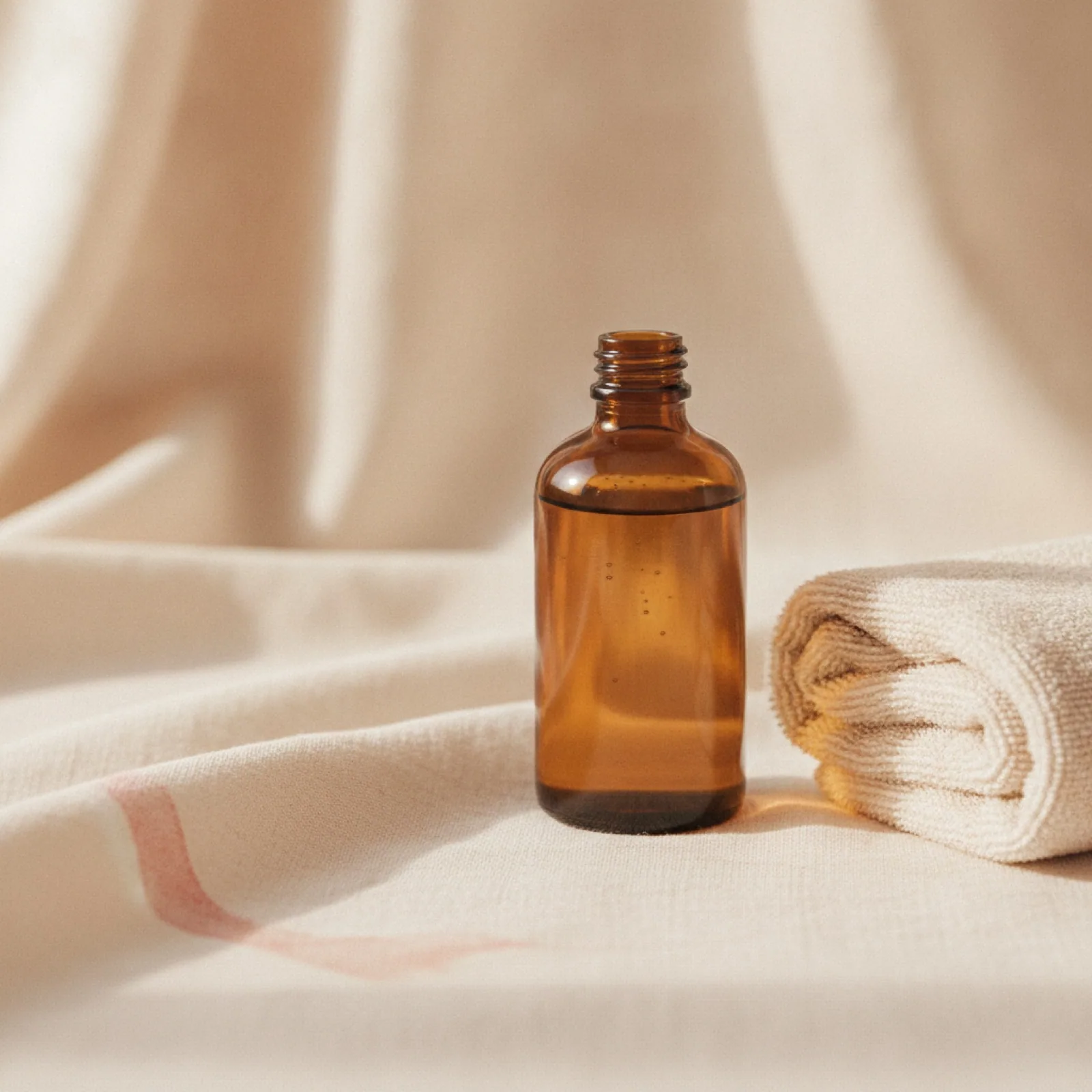 An amber oil bottle and a folded towel on cream linen — stylized imagery