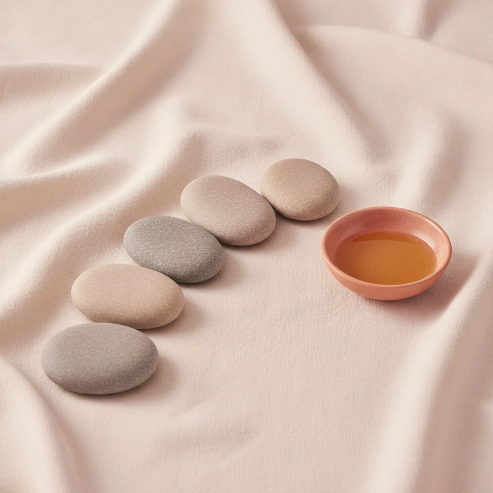 Smooth flat stones fanned across folds of cream linen beside a dish of oil — stylized imagery