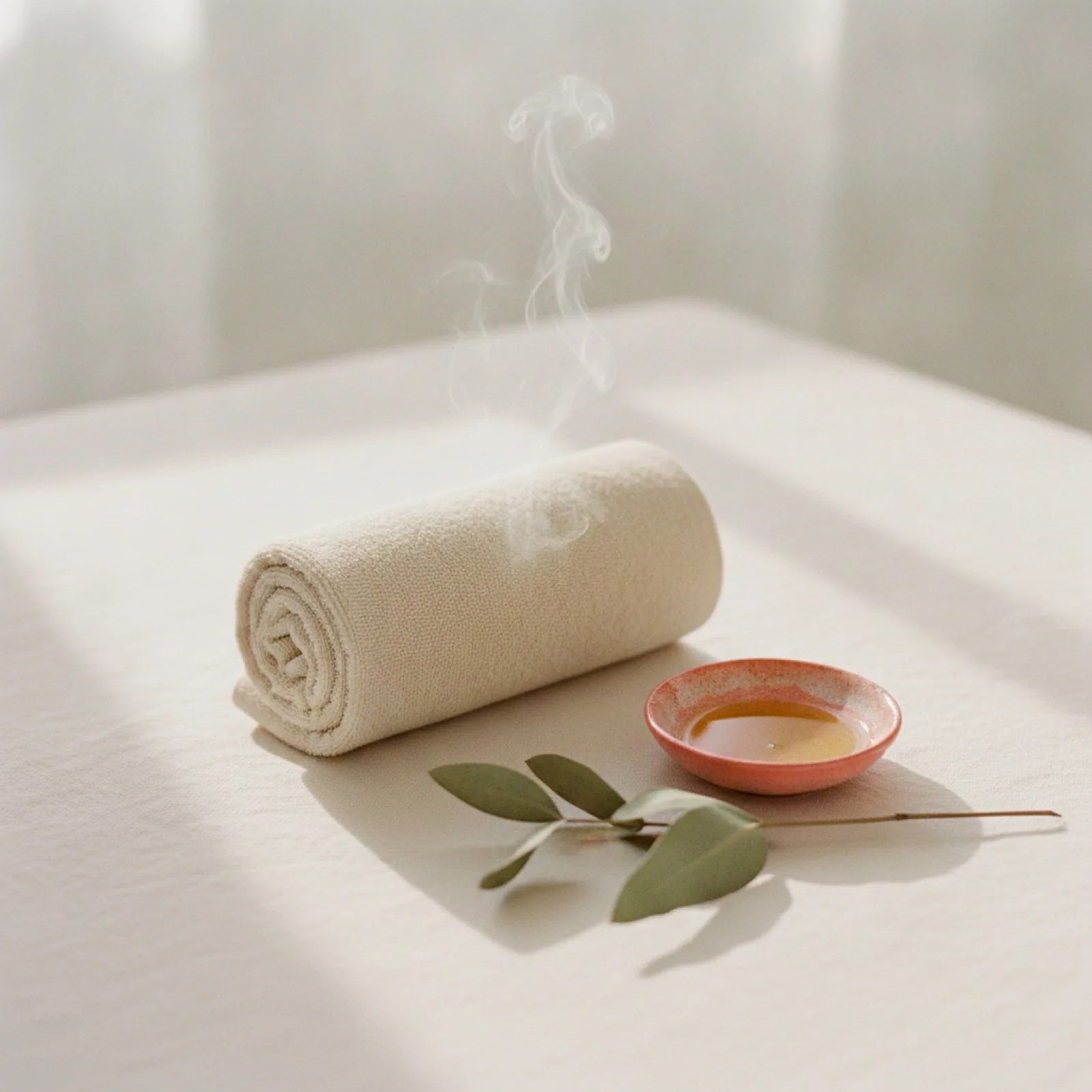 A rolled warm compress towel with eucalyptus and a dish of oil on cream linen — stylized imagery