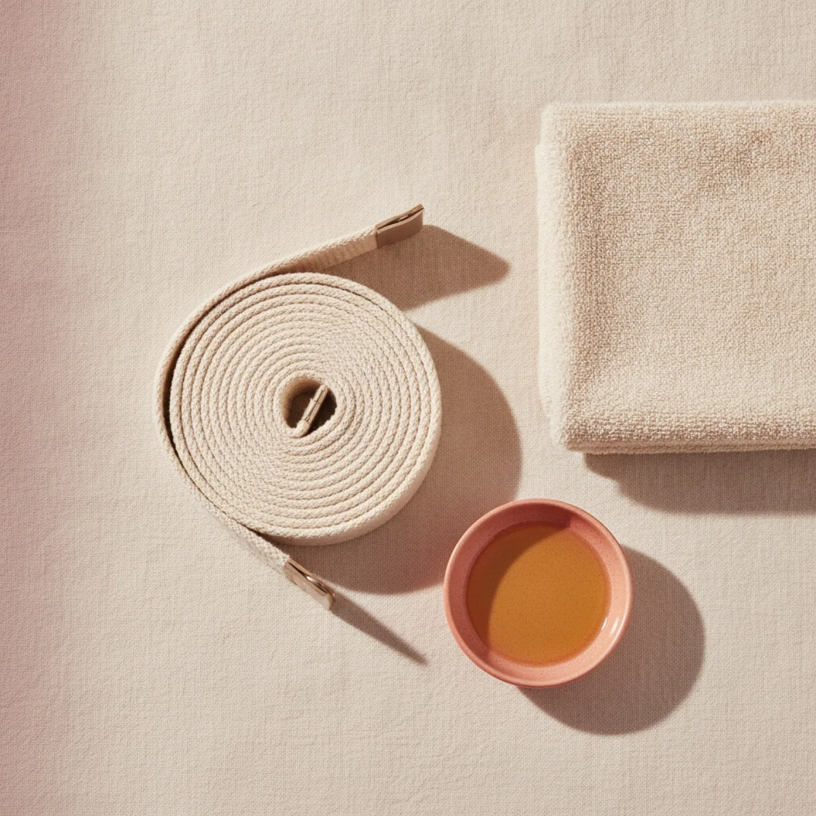A coiled cotton stretching strap and a folded towel on cream linen — stylized imagery