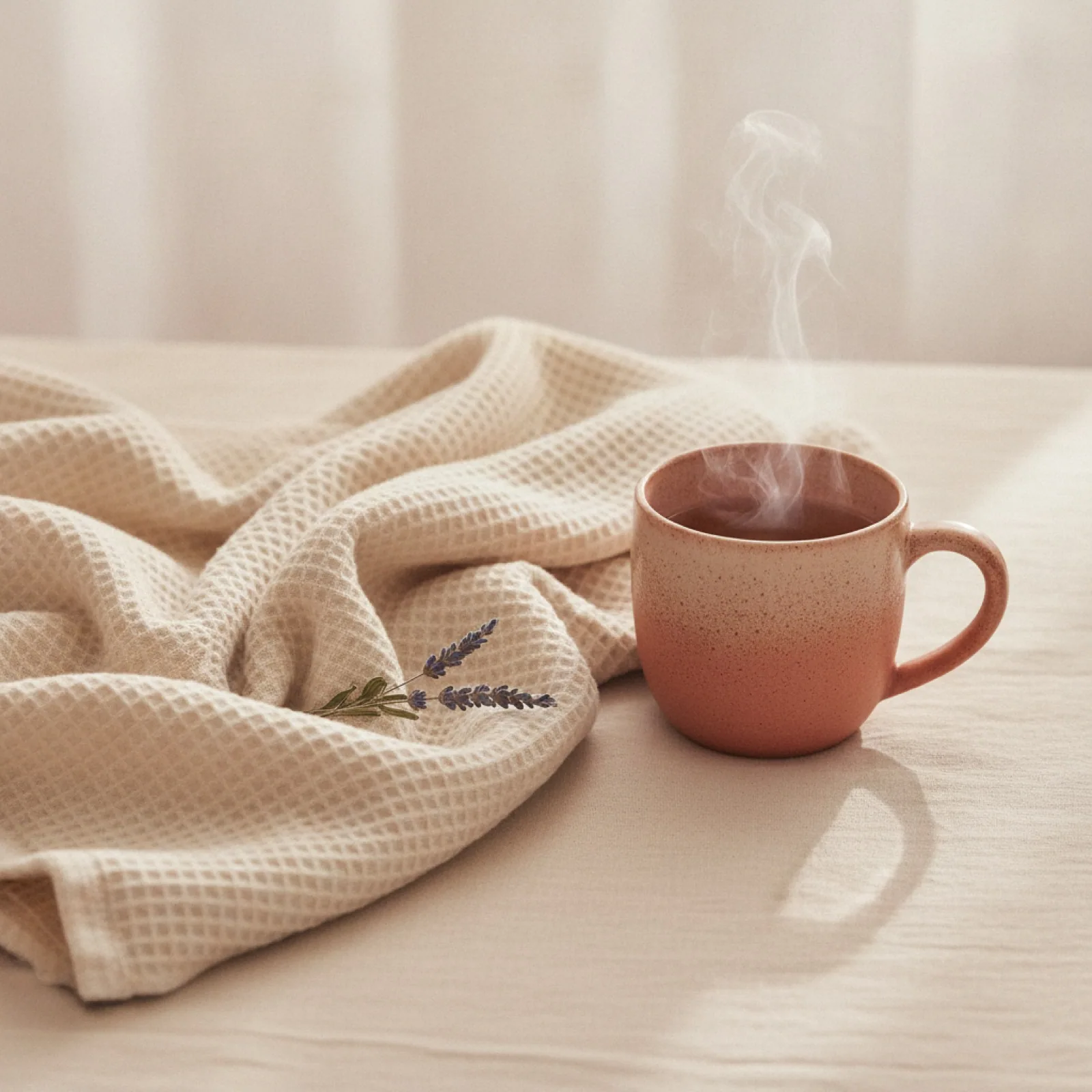 A warm mug of tea and a folded blanket with lavender on cream linen — stylized imagery