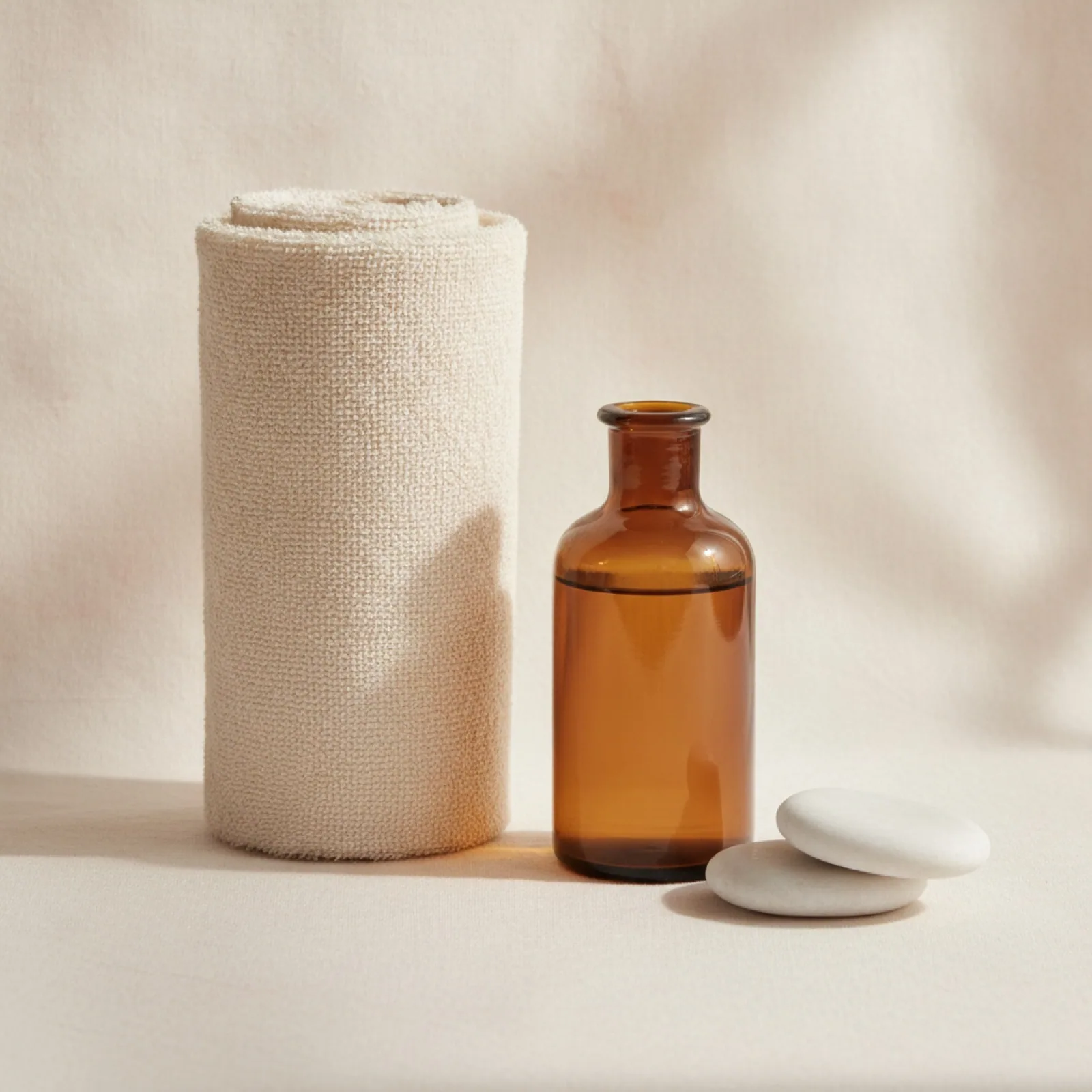 A rolled towel, an amber bottle, and cool marble stones on cream linen — stylized imagery