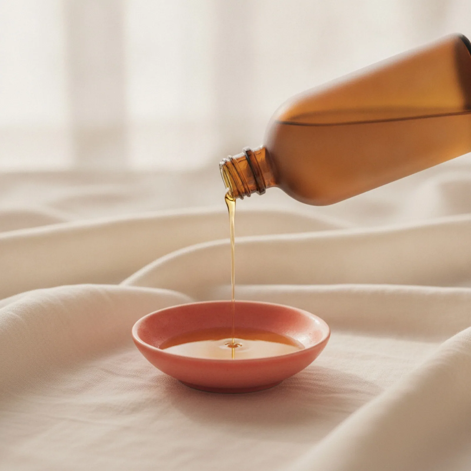 Massage oil pouring from an amber bottle into a small dish on cream linen — stylized imagery