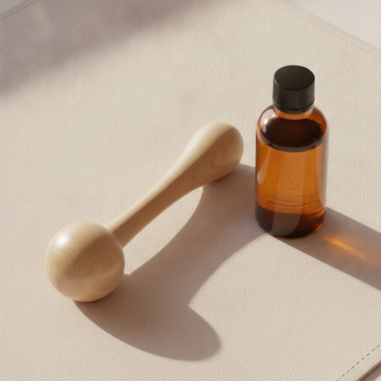 A wooden massage pressure tool and an amber oil bottle on cream linen — stylized imagery
